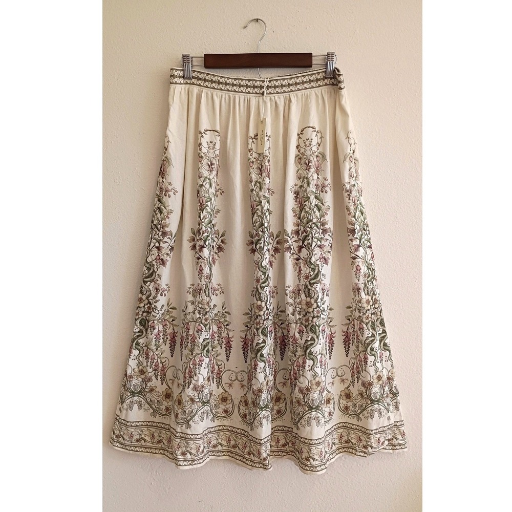 Max Studio London Floral Linen Blend Midi Skirt Cream Green Pink L Cottagecore - Picture 2 of 9